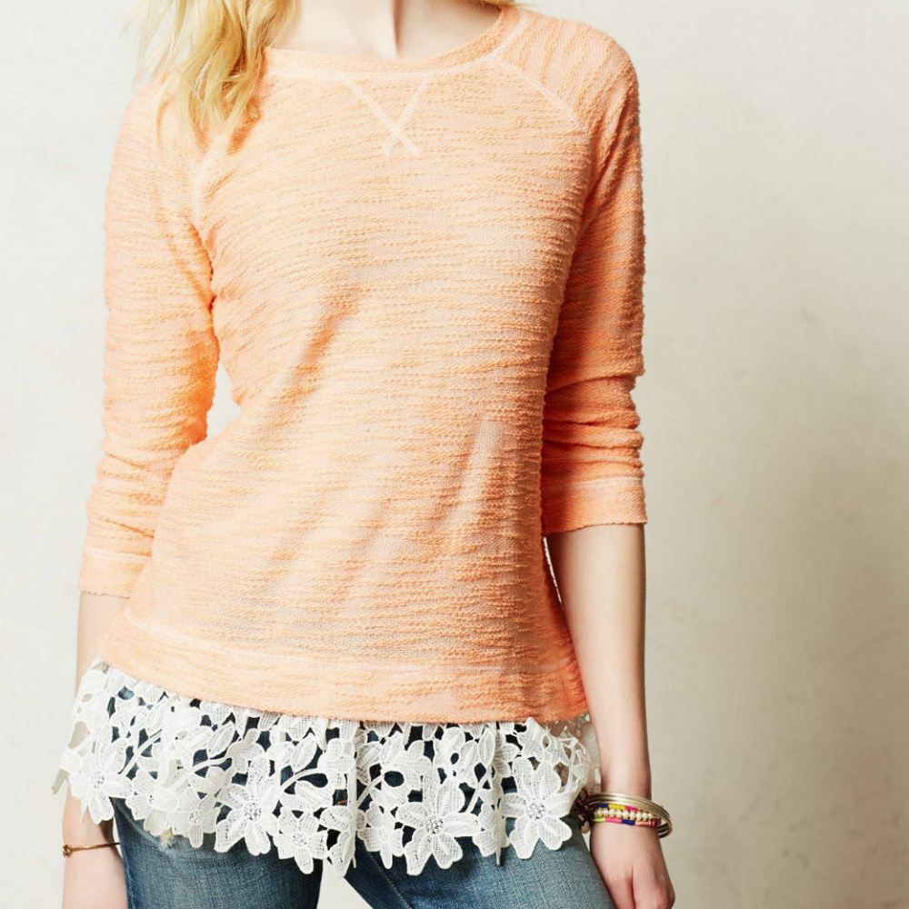 Anthropologie Lace Hem Tunic Top Ruffled Citrus Pullover, Size XXSP Petite